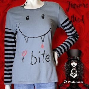 THE FIFTH SUN "I bite" Little Vampire Faux Layered Long Sleeve Tee Juniors Med